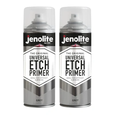 Image of JENOLITE Universal Etch Primer Spray Paint GREY High Performance Acid For Difficult Surfaces Including Aluminium, Galvanised Steel, Stainless Steel &amp; Most Metal 2 x 400ml