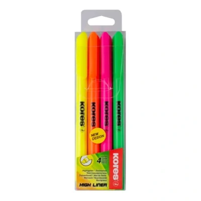 Image of Kores Neon Highlighter Pens Fine High Liner, Neon, Water Based Ink Pen with Ergonomic Shape, Chisel Tip Stationery Supplies, Office Supplies Pack of 4 in Assorted Colours