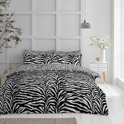 Image of GC GAVENO CAVAILIA Printed Duvet Cover Sets, Reversible Bedding Bed Set, Polycotton Quilt Covers, Zebra White/Black, Single