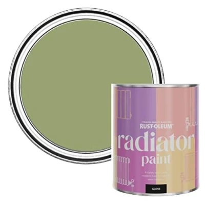Image of Rust Oleum Green Heat Resistant Radiator Paint in Gloss Finish Familiar Ground 750ml