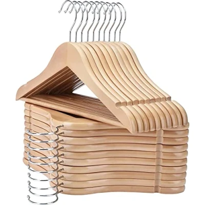 Image of Homeshopa Wooden Coat Hangers, 20 Pack 360 Swivel Hook, Non Slip Trouser Bar &amp; Shoulder Notches, Natural Smooth Finish Clothes Wardrobe Space Saving Hangers for Jacket Suit Camisole Pant