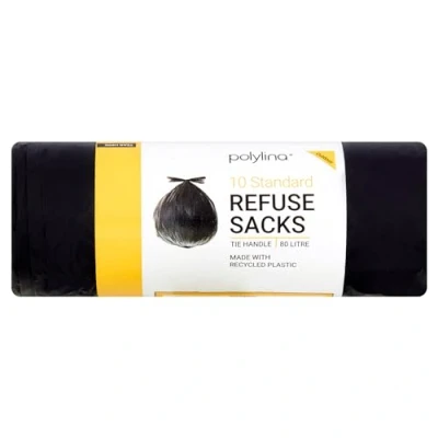 Image of Polylina 10 Tie Handle Refuse Sacks Bin Bags, Recycled Plastic, Black, 80 Litre