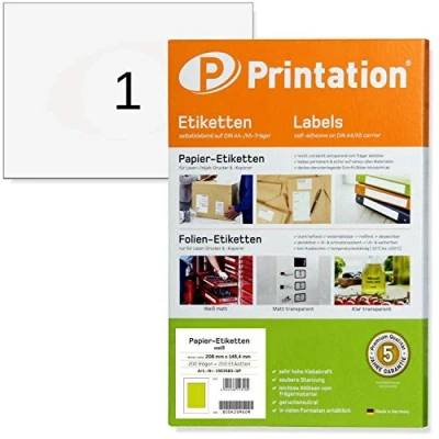 Image of Printation A5 Labels 200 Self Adhesive Address 1 Label per Sheet, Sheets, 1x1 Sticky Labels/Shipping 210x148 mm, White 6135 8690
