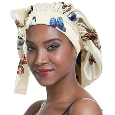 Image of SENGTERM Satin Sleep Cap Double Layer Elastic Bonnet Gorge Hat Wide Silky Band for Black Women with Long and Curly Hair, Butterfly, L