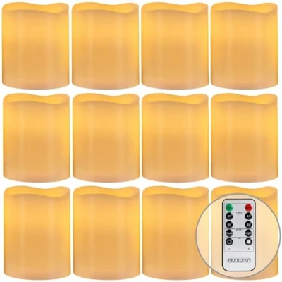 Image of Monzana® 12 Pcs LED Real Wax Tea Light Candles with 4 8 Hour Timer Function Remote Control 4.5cm Dimmable Warm White Flickering Flame Effect Safe, Smoke Free Batteries Included