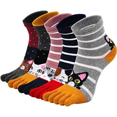 Image of Womens Toe Socks Ladies Five Finger Cotton Sport Socks, Funny Cute Animal Novelty with Toe, 5 Pairs