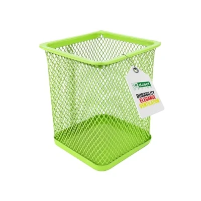 Image of D.RECT Metal square pen holder, cube made of wire metal, mesh multifunctional cup for ballpoint pen, lime colour