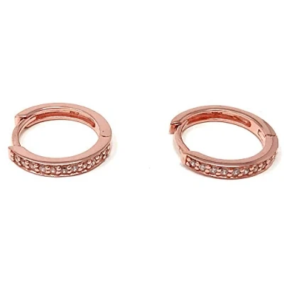 Image of Ladies 18 Carat Rose Gold Plated Small Hoop Hinged Huggie Earrings with Cubic Zirconia for Women or Girls Gift Box