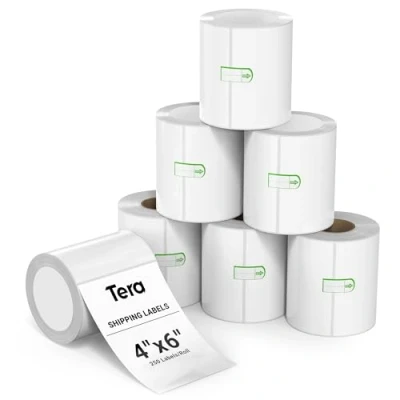 Image of Tera BA0004 4&quot;x6&quot; Thermal Shipping Labels (250 Labels/Roll, 6 Rolls) BPA Free Smudge for Various Printers, Clear Printing Permanent Adhesive Address with Fragile Sign Stickers