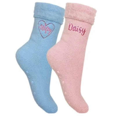 Image of TeddyTs Personalised Wifey Super Soft Fluffy Sparkly Embroidery Gripper Socks (2 Pair Pack), Pink, (0.7)