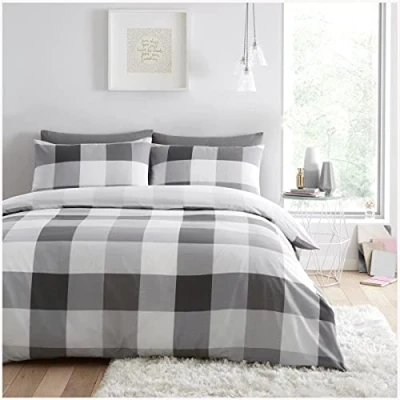 Image of GC GAVENO CAVAILIA Tartan Duvet Cover Breathable Check Bedding &amp; Linen Sets King Size Quilt Covers Grey Bed
