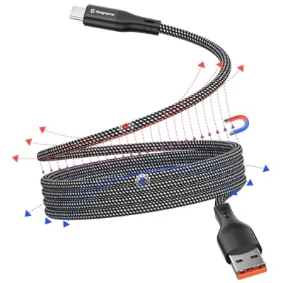 Image of Magtame Magnetic USB C Cable, Coiled A to 1M Retractable Nylon Braided Type Fast Charging Cable,USB Cord Compatible with Samsung, Pad,USB Device,Silver