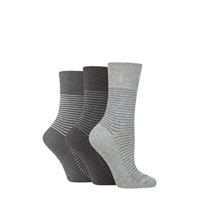 Image of Women&#039;s 3 Pair Gentle Grip Cotton Patterned and Striped Socks Fine Stripe Charcoal / Grey 4 8 Ladies