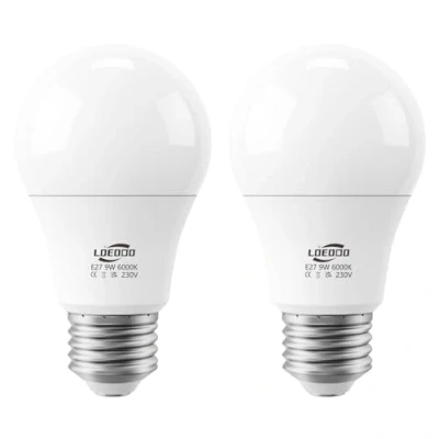 Image of LOEODO E27 Screw LED Bulb 60W Equivalent, 9W Light Bulb, 806 Lumens, 6000K Cool White, Large Non Dimmable, Pack of 2