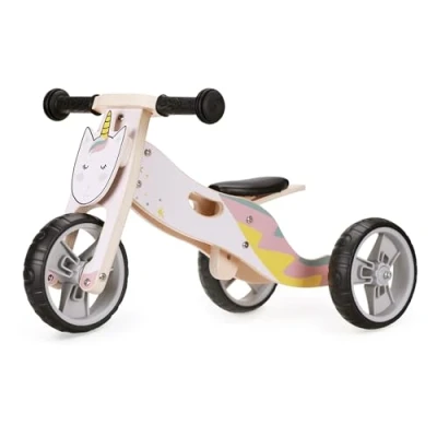 Image of 2 in 1 Balance Bike Wooden Trike for Kids that Converts to Lightweight Toddler Tricycle Padded Adjustable Seat &amp; Handlebars Puncture Proof Wheels Unicorn Design