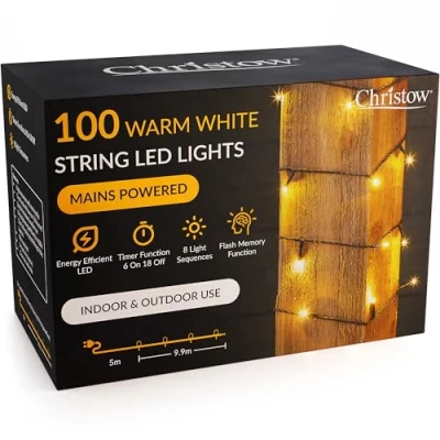 Image of CHRISTOW Christmas Fairy Lights, Warm White LED String Lighting with Timer, Indoor &amp; Outdoor, Tree Mains Operated, 8 Light Modes Flashing Static, Green Cable (100 / 10m Lit Length)