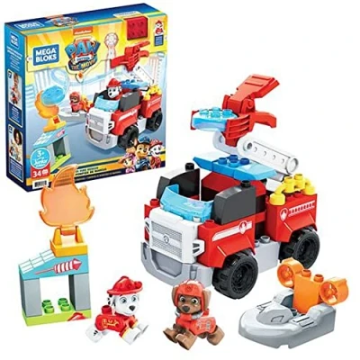 Image of Mattel Mega Bloks PAW Patrol Marshall&#039;s City Fire Rescue, 33 Mini Building Blocks, Marshall and Zuma Figures, Toys for Toddlers, ​Ages 3+, GYJ01