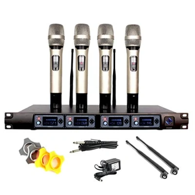 Image of EXMAX® Professional UHF 4 Channel Diversity Wireless Microphone System with Handheld Microphones Mics for Karaoke/KTV/Party/Stage/Wedding/Speech(Golden)