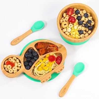 Image of Vinsani Bamboo Turtle Plate Bowl and Spoon Set for Baby Toddler Kids Children, Suction Plate, Stay Put Non Slip Base Design, Hypoallergenic, Food Grade Silicone BPA Free Feeding (Green)
