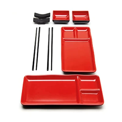 Image of Goliber 8 Piece Japanese Style Sushi Plate Set Includes 2 Plates and Soy Sauce Bowls, Chopsticks, Chopstick Holders for Kit Tableware Melamine Dishes