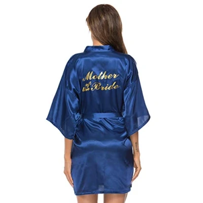 Image of Vlazom Bride Bridesmaid Robes Silk Bridal Party Kimono Robes, Dressing Gown Glitter Gift for Wedding Party, Dark Blue (Mother of Bride), S(UK 6)