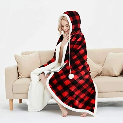 Image of EHC Check Design Super Soft Warm Sherpa Fleece Wearable Hooded Blanket Throw 130 x 180 cm, Red &amp; Black