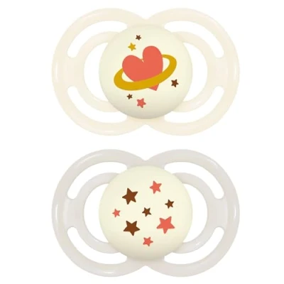 Image of MAM Perfect Night Soothers 16+ Months (Pack of 2), Thinner and Softer Baby Soother, Glow in the Dark Soother with Self Sterilising Travel Case, Newborn Essentials, Cream (Designs May Vary)