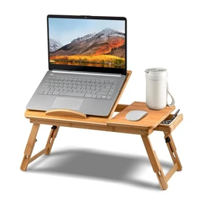 Image of Holdfiturn Bamboo Laptop Bed Table Tray Adjustable Desk Portable Stand Foldable Breakfast with Drawer for Sofa