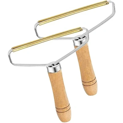 Image of Portable Lint Remover, 2PCS Manually Roller with Wooden Handle Holder, Reusable Double Sided Fabric Shaver for Carpets, Pet Hair, Woolen Coat, Sweater, Bed Sheets