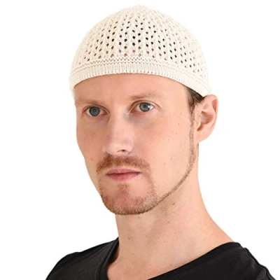 Image of Casualbox Knit Cotton Skull Cap Kufi Islam Prayer Hat Crochet Mesh Skully Beanie Men&#039;s Headwear for All Seasons White