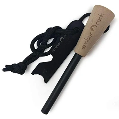 Image of Ember Rock Fire Stone Premium Ferrocerium Magnesium Starter Stick Includes Scraper Tool Multi Use Wooden Handle for Firm Grip Essential Survival Camping Kit