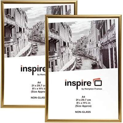 Image of Hampton Frames BACKLOADER A4 (21x29.7cm) Gold Picture Poster Photo Certificate Display Frame 2 PACK Acrylic (Non Glass) Front A4MARGLD 2PK