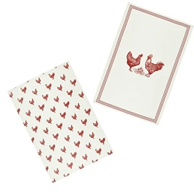 Image of KitchenCraft KCFHENTTPK2 &#039;French Hen&#039; 100% Cotton Printed Chicken Tea Towels, 70 x 47 cm Cream / Red (Set of 2)