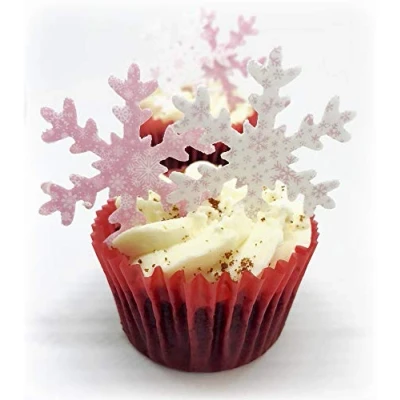 Image of 30 PRECUT Large Pink &amp; White Patterned Snowflakes Edible Premium Wafer Paper Cake Toppers Decorations Perfect for Christmas