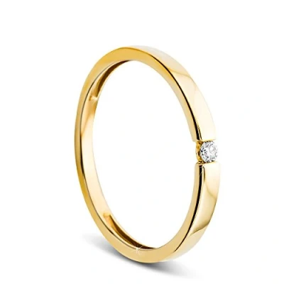 Image of OROVI Women Solitaire Engagement Ring 9 ct/375 Yellow Gold Wedding Band With Brilliant Cut Diamond 0.03 ct