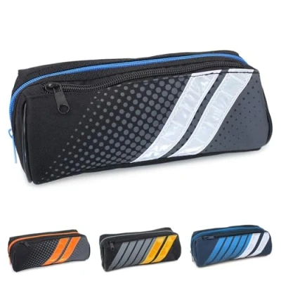 Image of Fashion Stationery Pencil Case Black Boys Girls Students Children Kids 2 Zip Stripes Sporty Back to High Secondary School Cases (Black White)