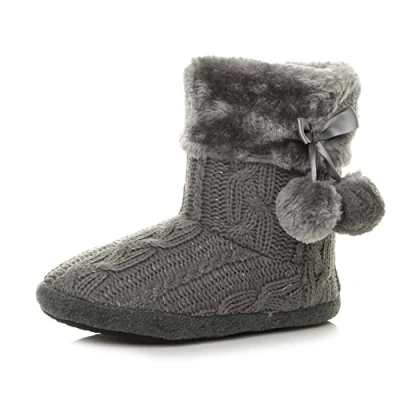 Image of Ajvani Womens Ladies Winter pom Fur Lined Knitted Ankle Slipper Boots , Grey Glitter Knitted, 8 UK