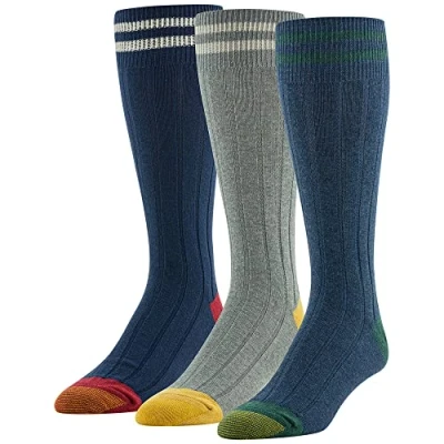 Image of GOLDTOE Men&#039;s Hampton Crew Socks, 3 Pairs, Heather Blue, Grey Heather, Navy, Large (Pack of 3)