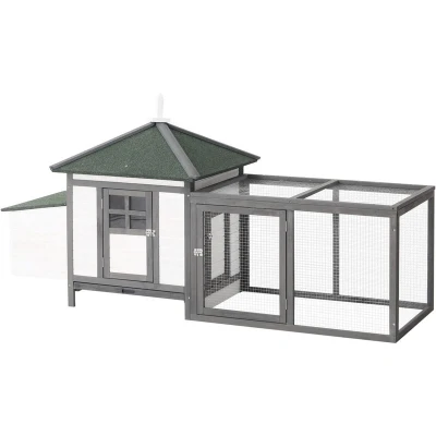 Image of PawHut Chicken Coop with Run, Outdoor Hen House Poultry Cage Nesting Box, Openable Top, 196 x 76 97cm, Grey