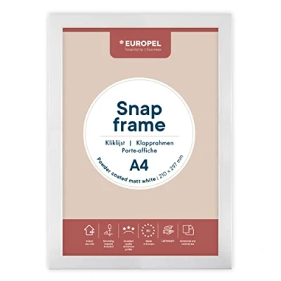 Image of EUROPEL lightweight Snap frame A4, matt white powder coated finish, Profile 25x11 mm, Anodized aluminum, anti reflective protector, External dimensions 210x297 Grey polystyrene back
