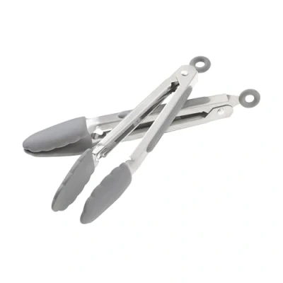 Image of Wiltshire Mini Silicone Kitchen Tongs 18cm, Set of Two, Cooking &amp; Serving Tongs, Salad BBQ Stainless Steel, Heat Resistant Utensil, Non Stick, Scratch Tip, Pebble Grey, 21x3.2x2.7cm