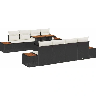 Image of vidaXL 9 Piece Garden Dining Set with Cushions Black Poly Rattan Acacia