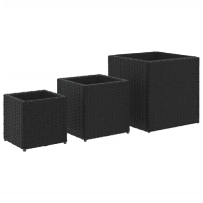 Image of vidaXL Garden Planters Black PE Rattan Outdoor Flower Boxes Set of 3 with Powder Coated Steel Frame Various Sizes