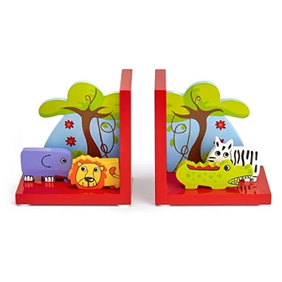 Image of Mousehouse Gifts Wooden Children&#039;s Bookends for Boys or Girls Nursery Bedroom (Red Safari)