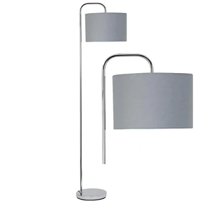Image of firstchoicelighting Modern Arched Design Floor Light Standing Lamp, Polished Chrome, Grey Cotton Fabric Shade, Height 158cm, LED Compatible