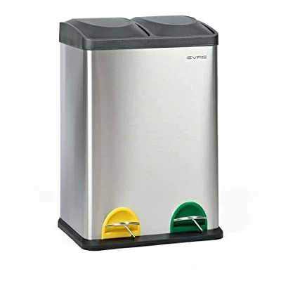 Image of EVRE 40 L Recycling Pedal Bin 2 x 20 Litre Rectangular Double Compartment Rubbish Separation with Removable Buckets, Odour Seal &amp; Anti Mark 40cm W 66cm H 58cm (Silver)
