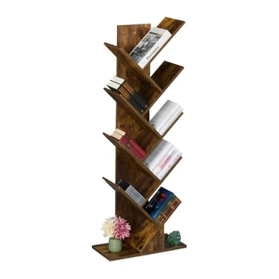 Image of Relaxdays Tree Bookshelf, 9 Tier Bookcase, HWD: 138 x 51 25 cm, Storage for Books &amp; CDs, Free Standing Shelves, Brown, Fibreboard