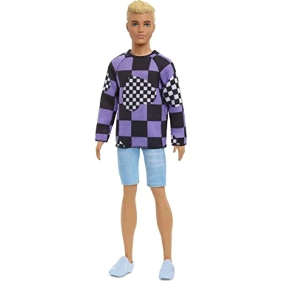 Image of Barbie Ken Fashionistas Doll #191, Blonde Cropped Hair, Checkered Sweater, Denim Shorts, White Sneakers, Toy for Kids 3 to 8 Years Old