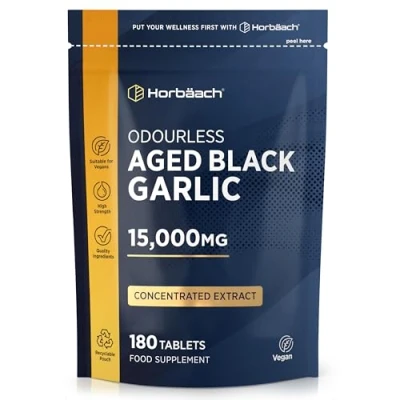 Image of Black Garlic Tablets 15000mg 180 Count High Strength Odourless Concentrated Extract Aged Vegan Supplement by Horbaach