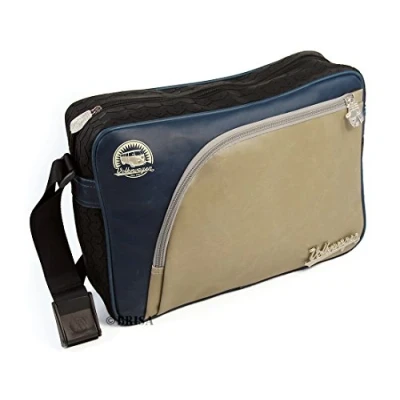 Image of BRISA VW Collection Shoulder Bag Messenger with Tire Tread Design in T1 Bus Campervan (Vintage/Beige &amp; Blue)